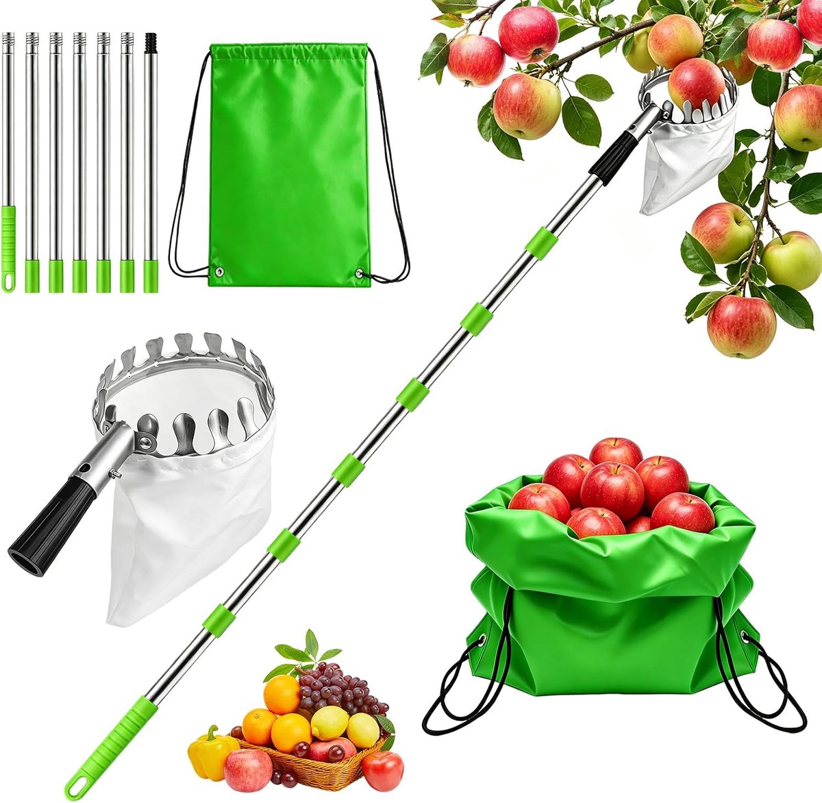2,8 m fruitplukker met telescoopsteel, appelplukker met telescoopsteel, roestvrij staal kersenplukker met telescoopsteel en katoenen zak, fruitplukker voor appels, peren, pruimen, citrus