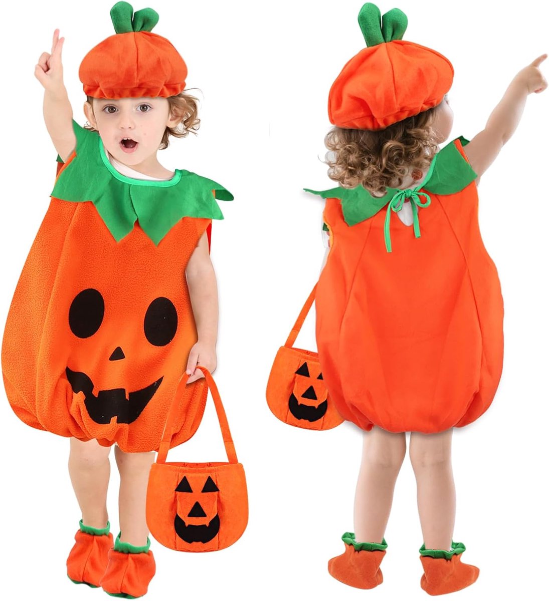Halloween-pompoenkostuum voor kinderen, Halloween-kostuums met hoed en pompoenzak, pompoenkostuum voor meisjes en jongens, voor Halloween, cosplay, feest