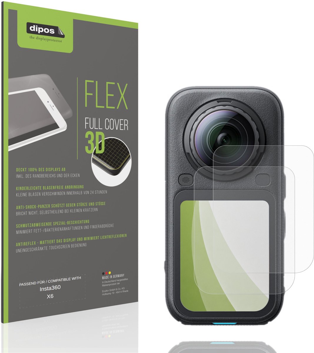 dipos FLEX – 2x Matte Screenprotector geschikt voor Insta360 X6 | Volledige Schermbescherming | Case-Friendly