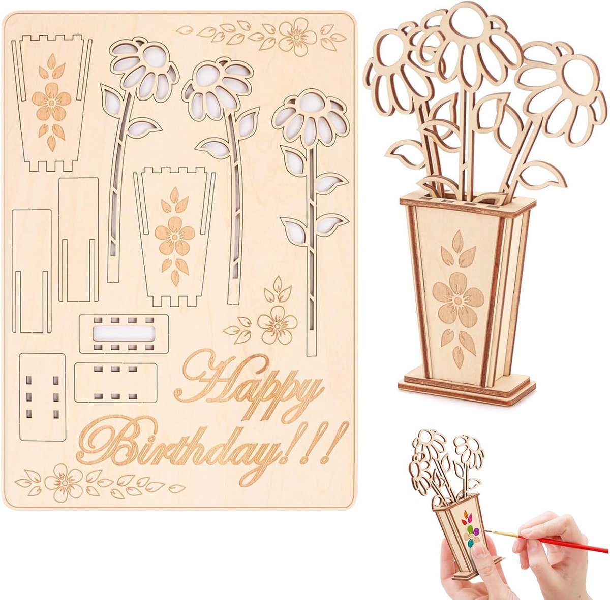 3D verjaardagskaart van hout - bloemen design - premium modelbouwset - perfect als verjaardagscadeau - ShopVlot