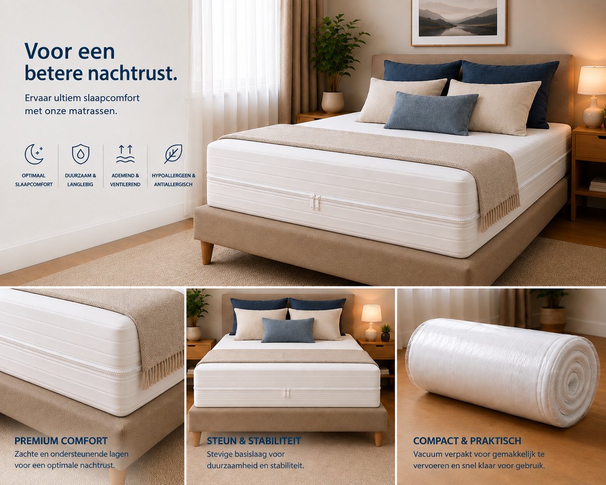 FITBERTH 160x200x20 Matras - Zacht - HR28 - Premium - Orthopedisch Verantwoord - Ventilerend - Ergonomische Ondersteuning - Afritsbaar - Wasbaar wit