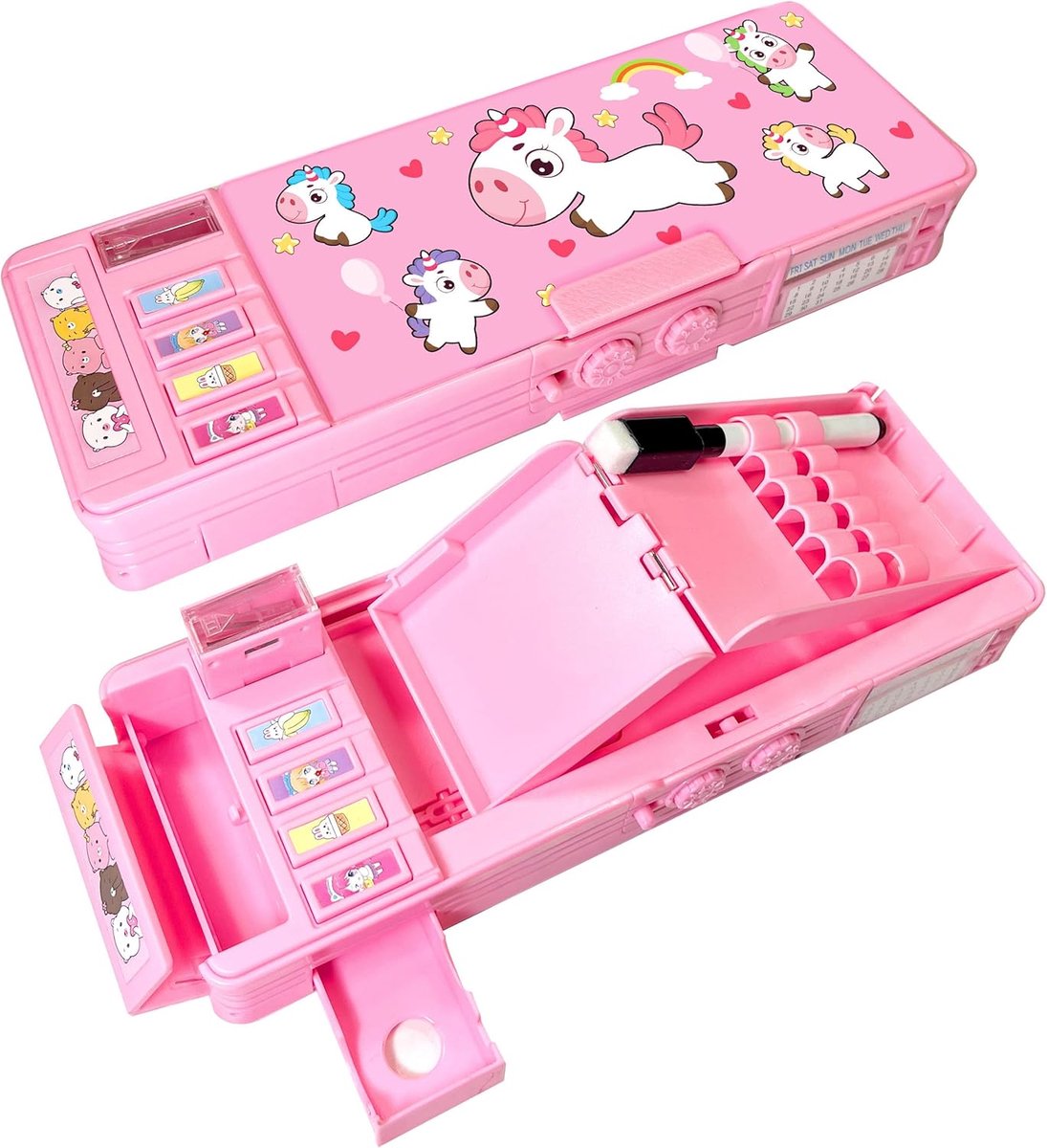 SnelShoppen - Pop Up Multifunctionele Pennenhouder voor Kinderen, Schattige Cartoon Pen Box Organiser met Potloodslijper, Witbord en Lesrooster, Roze