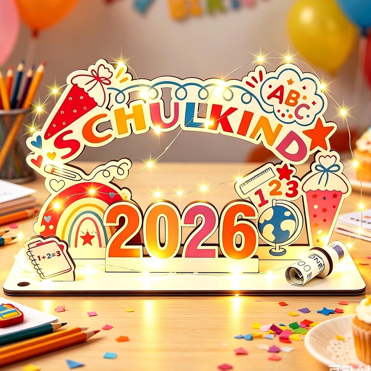 2026 eerste schooldag, geldcadeau, hout met led-lichtketting, schoolintroductie, tafeldecoratie, thuisdecoratie - ShopVlot