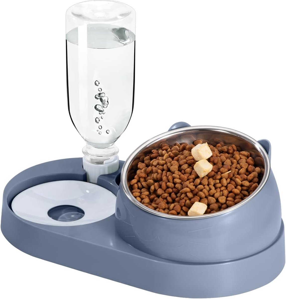 SnelShoppen - Voederstation voor Katten met Automatische Waterfles, 2-in-1 Verhoogde Roestvrijstalen Kom, Anti-Braken, Kattenbakken voor Kleine en Mid