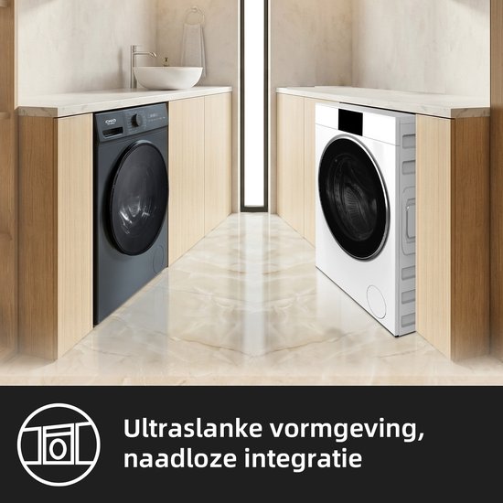 Deux lave-linge CHiQ, un gris et un blanc, dans une salle de bain moderne. "Conception ultra-mince, intégration transparente"