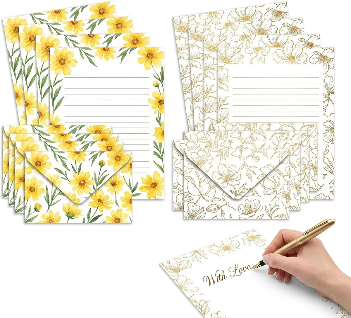 Briefpapierset met mooie enveloppen, 20 stuks (10 A5-vellen en 10 enveloppen) met goudkleurig bloemenpatroon, vintage - ShopVlot