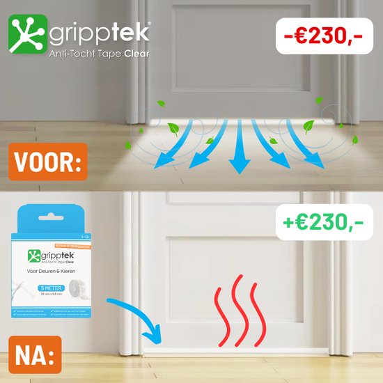 GrippTek anti-tocht tape clear, 5 meter. Beelden tonen het verschil in tocht (luchtstromen) voor en na het aanbrengen van de tape.