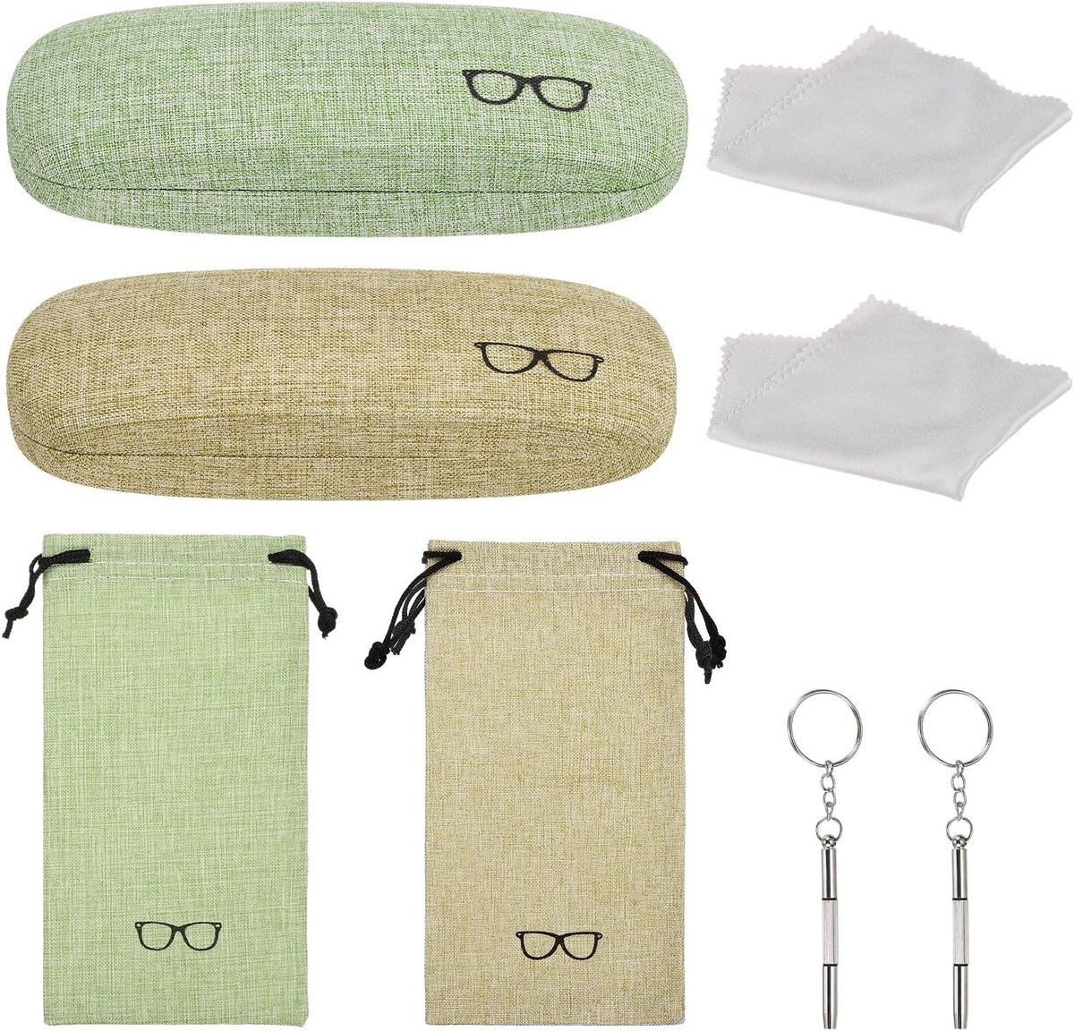 Glazen Etui Set met Opbergzak en Zachte Doek voor Mannen en Vrouwen, Linnen Stof, Silky Lime en Bruin, Ideaal voor Zonnebrillen en Correctiebrillen