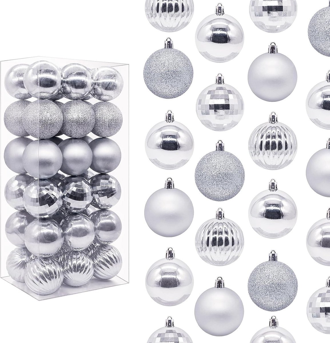 Glitterende en matte kerstballen van 6 cm, set van 36, plastic kerstdecoratie voor de boom in zilver