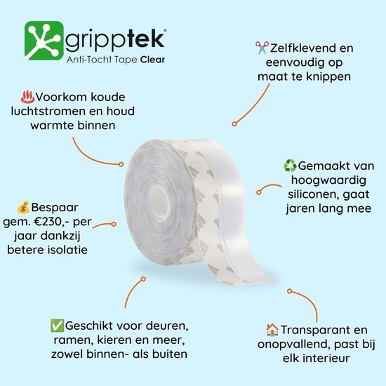 Rol GrippTek anti-tocht tape clear. Kenmerken: zelfklevend, knipbaar, voorkomt koude luchtstromen, bespaart energie, hoogwaardig siliconen, transparant.