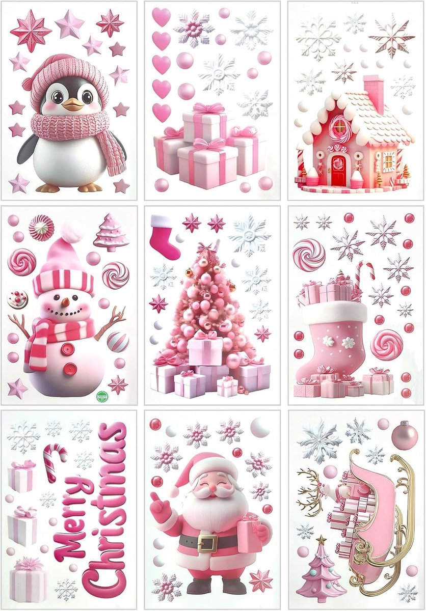 Raamstickers Kerstmis raamstickers kerstdecoraties Kerstmis raamafbeeldingen Kerstman pinguïn sneeuwpop kerstboom sokken slee roze