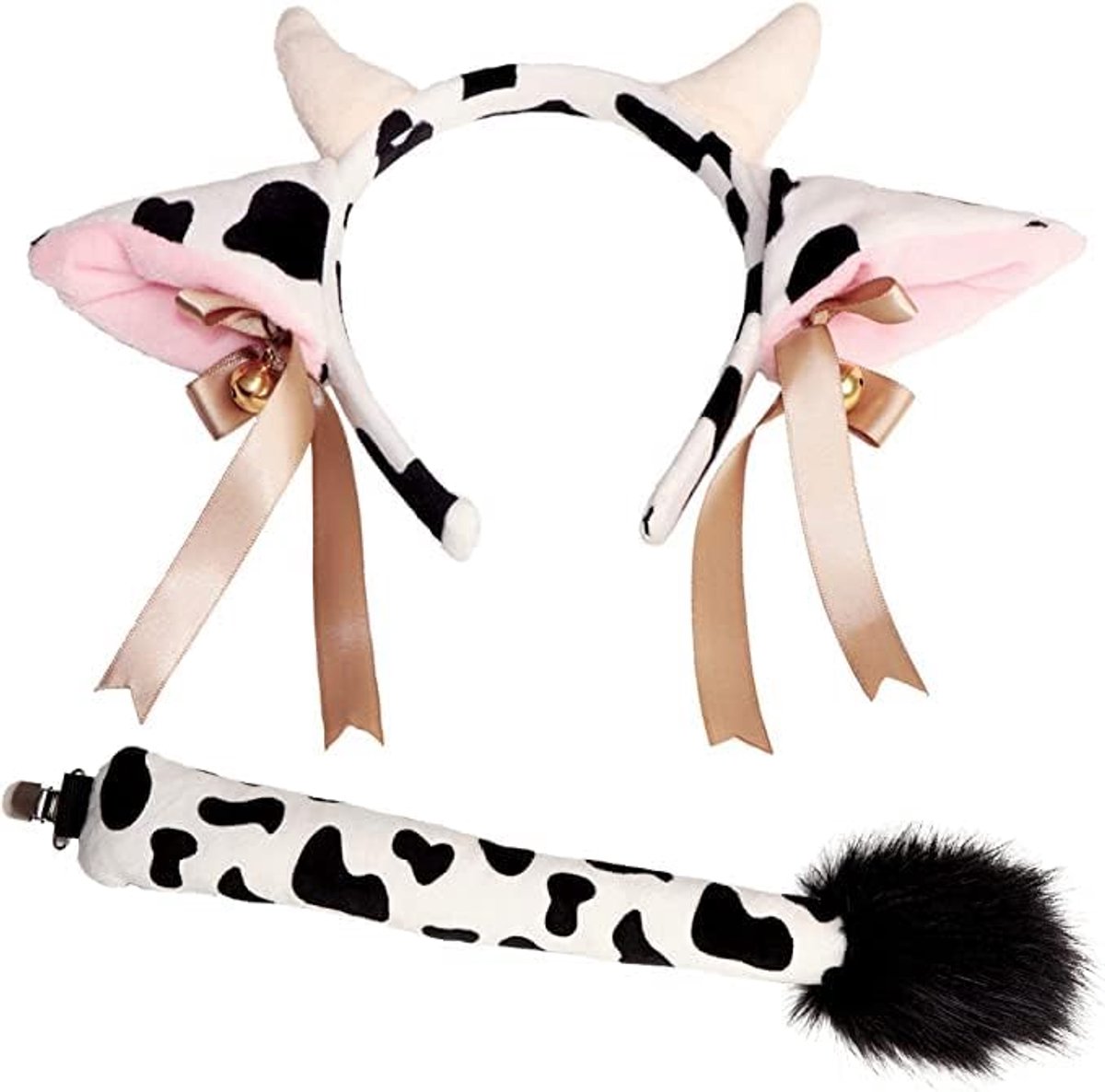 Kostuum Set 2-Delig – Koe Oren en Hoorns Hoofdband met Belletjes + Koeienstaart – Dieren Cosplay Accessoires voor Halloween, Themafeest en Carnaval
