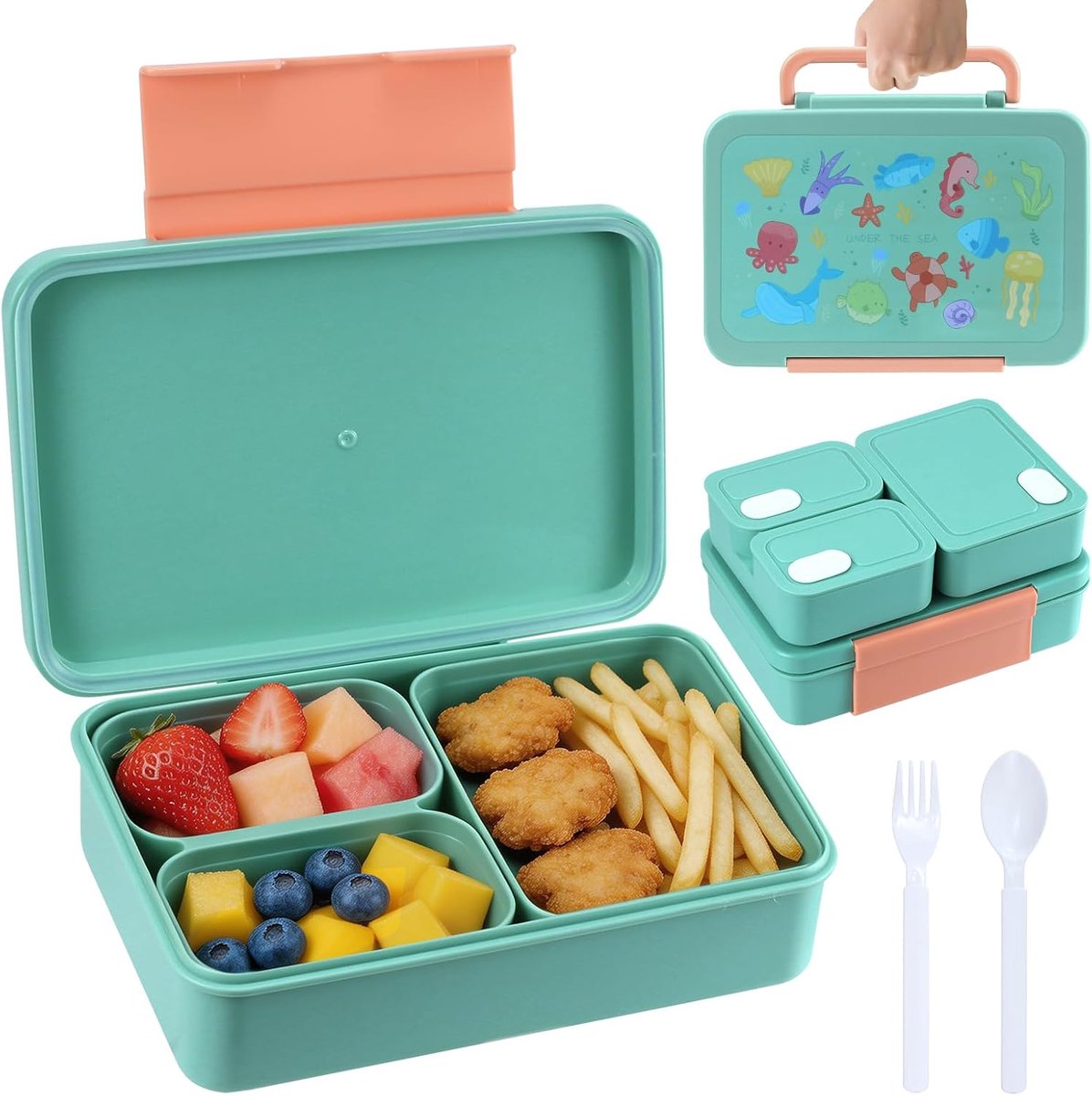Kinderbroodtrommel met vakken, 1200ml Bento Box voor kinderen, lekvrije lunchbox voor kinderen, broodtrommel voor meisjes & jongens, snackbox, perfect voor school, kleuterschool & uitstapjes