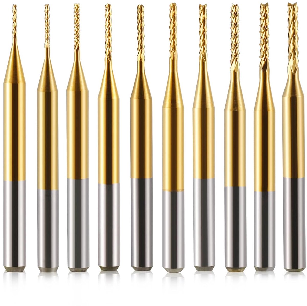 10 stuks hardmetalen schachtfrees, 1/8 schacht, titanium coating, CNC-frees, snijset, voorfrees, draaibraamgereedschap, gravurebits voor PCB/SMT/hardhout/printplaat/vezel, 0,6-1,5 mm