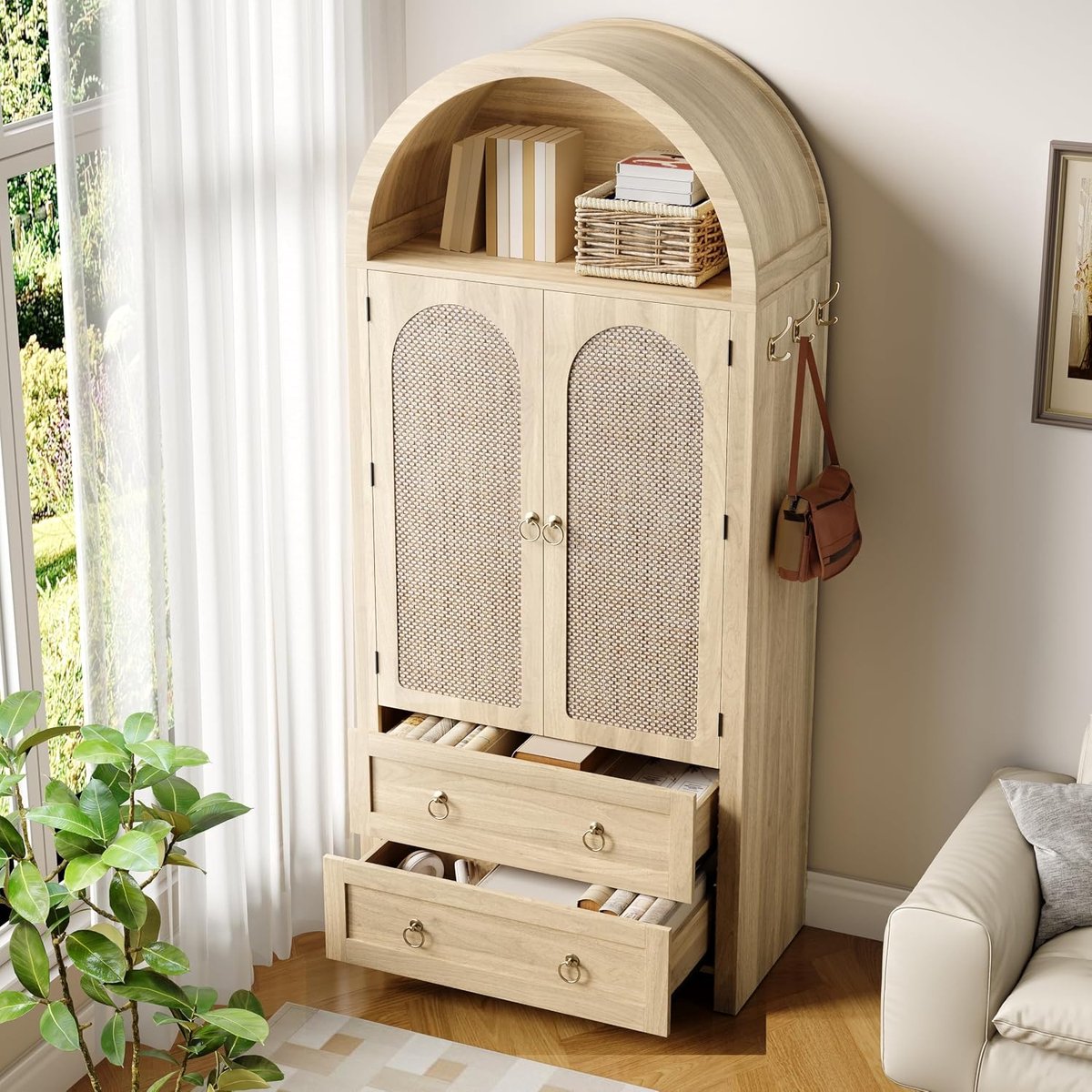Dressoir 40D x 80W x 180H cm met boogvormig design, dubbele lades en rattan deuren - Industrohome