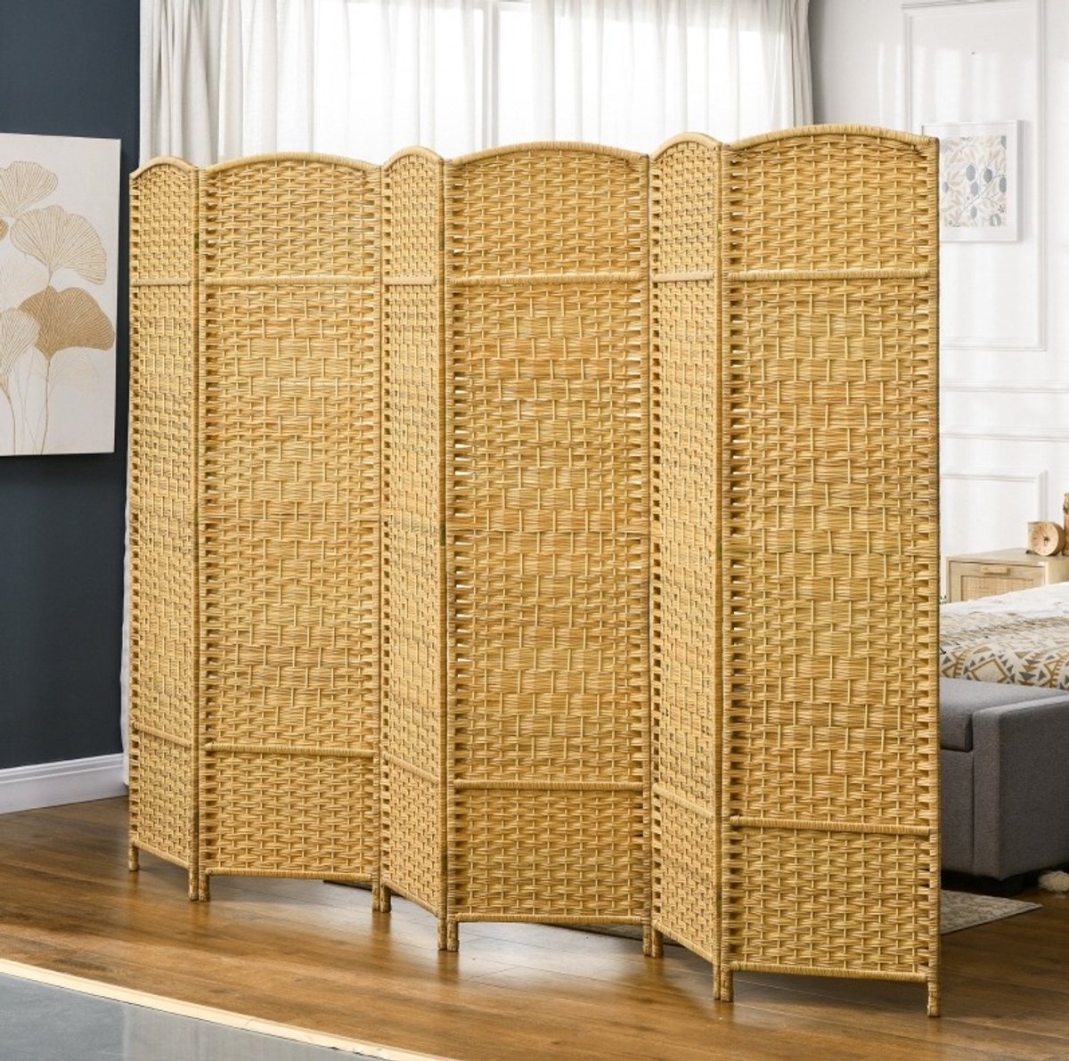 MIVRAY Kamerscherm – 6-Delig Opvouwbaar – 270 x 180 cm – Hout En Kunststof – Naturel Hout – Voor Woonkamer, Slaapkamer Of Kantoor Natuurlijke houtkleur