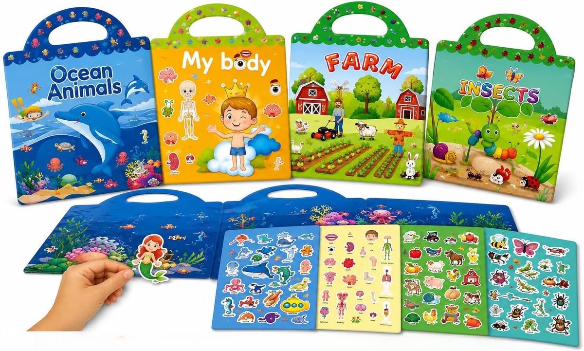 Kinderboeken met handvat, 4 stuks, motief: oceaandieren, insecten en boerderij, voor kinderen