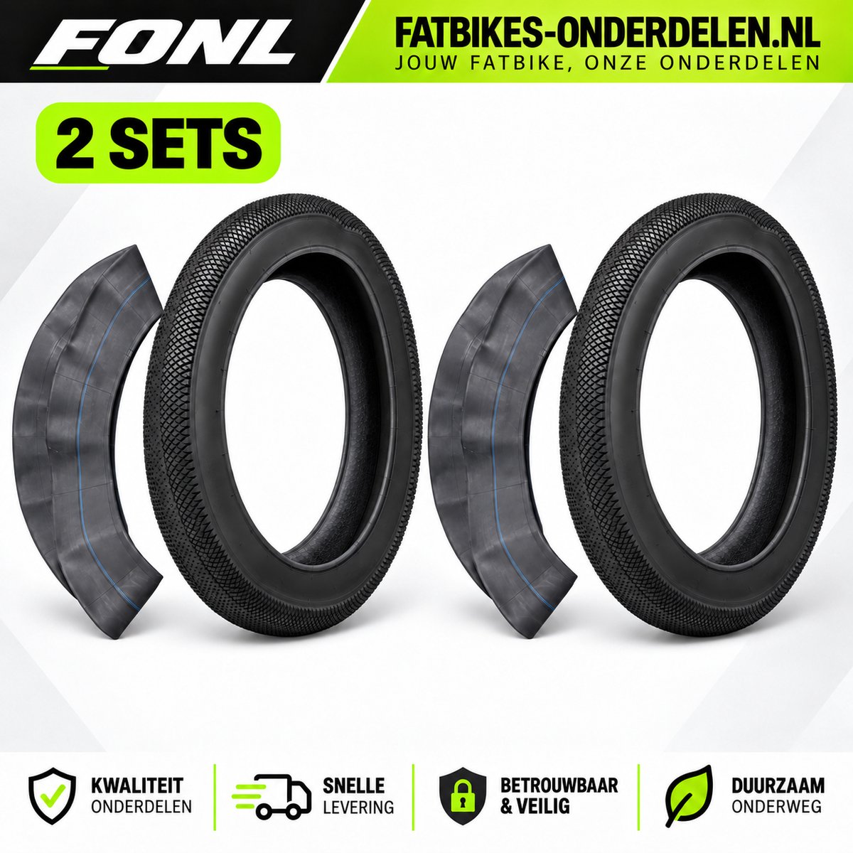 FONL Fatbike Bandenset 20 x 4.0 Inch - 2 Straatbanden en 2 Binnenbanden - Compleet Voor- en Achterwiel - Band Elektrische Fiets - Zwart