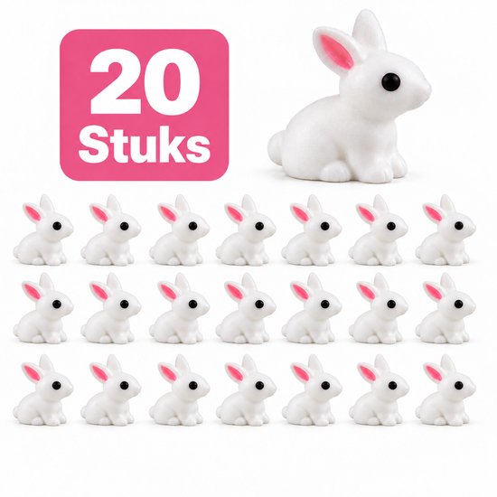 20 witte miniatuur konijntjes met roze oren, zittend. Eén konijntje groter afgebeeld.