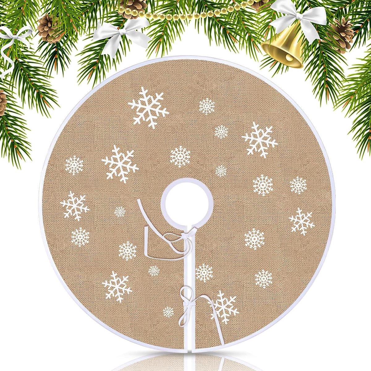 Ronde Kerstboomdeken met Sneeuwvlokkenprint, Linnen Kerstboomrok, Khaki Kleur, Perfect voor Kerstdecoratie en Gezellige Feestdagen