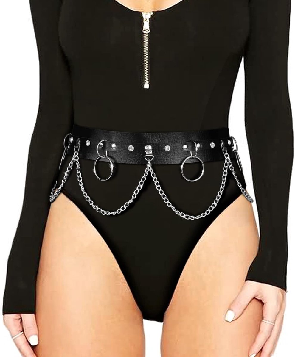 LEACOOLKEY Women's Punk Waist Chain Belt Black Adjustable Body Chain Gothic Belly Waist Belt Skirt PU Leather Layered - ShopVlot