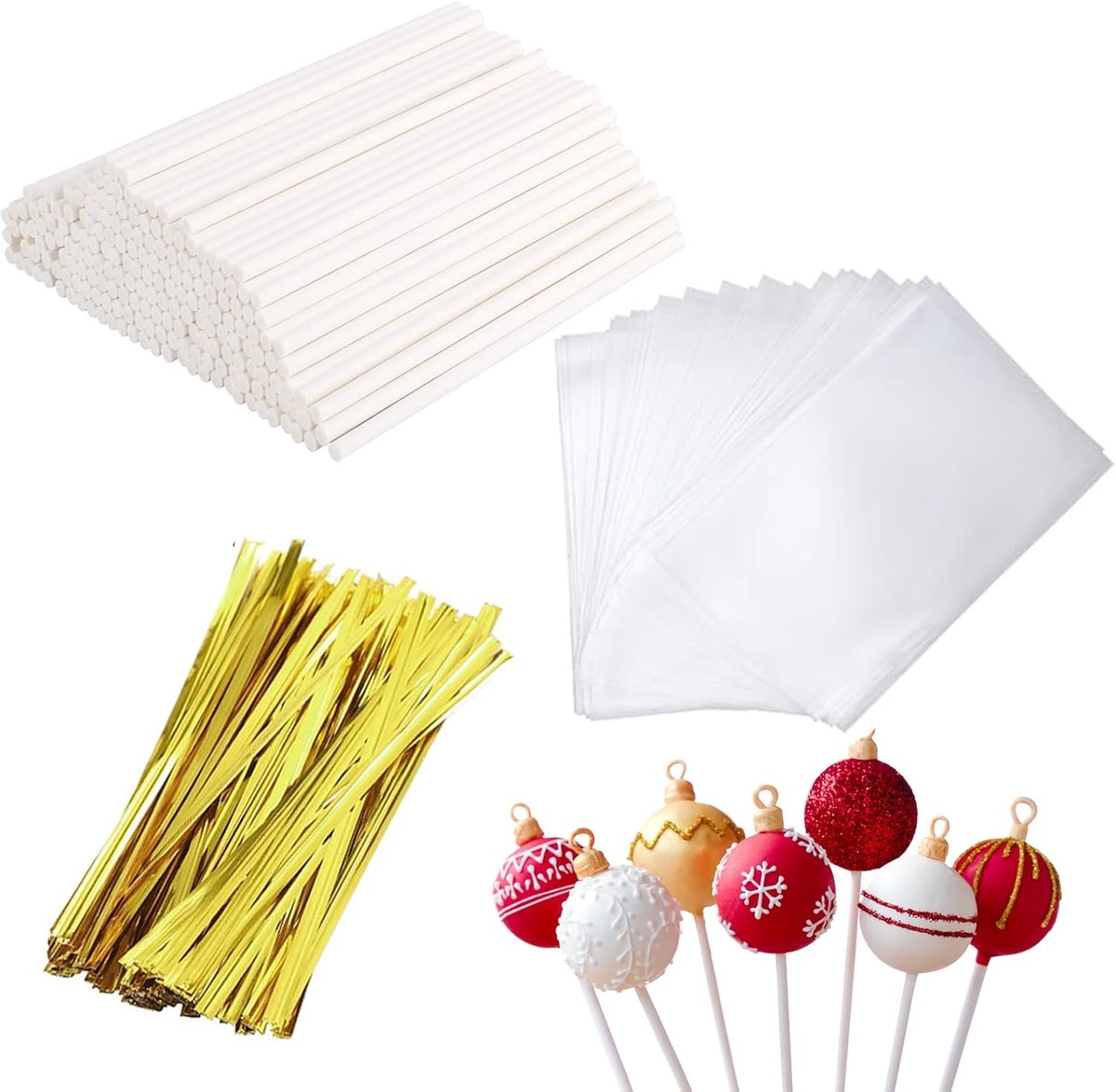300pcs Cake Pop Sticks Set,100pcs 10cm Lollipop Sticks,100pcs Package Bags and 100pcs Twist Ties Paper Sticks for Cake - ShopVlot