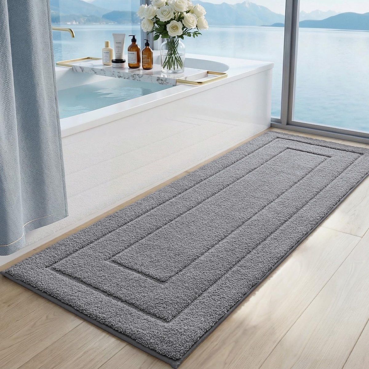 SnelShoppen - Badmat 60x150cm, Antislip Zachte Badmat Waterabsorberend, Machinewasbare Badkamer Tapijt voor Douche, Bad en Toilet, Grijs