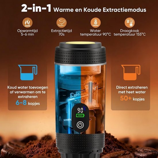 Draagbare Espressomachine 80ml USB – Capsules & Gemalen Koffie | 5 Min Opwarmen | Mini Koffiezetapparaat Auto, Kantoor & Camping | Zwart