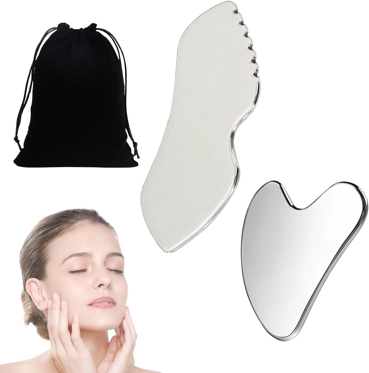 Set van 2 RVS Gua Sha Gezichts Tools, Massage Stenen voor Gezicht en Hals, Myofasciale Massage voor Puffiness Vermindering en Lymfatische Circulatie Verbetering