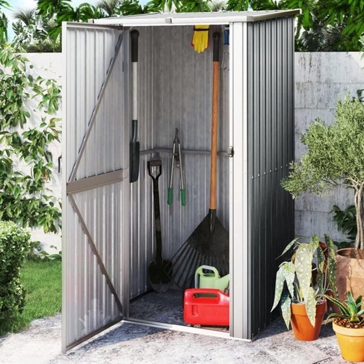 Tuinopbergkast - Gereedschapshuisje - Voor het opbergen van tuinspullen - Afsluitbare deur - 118x97x210cm - Grijs