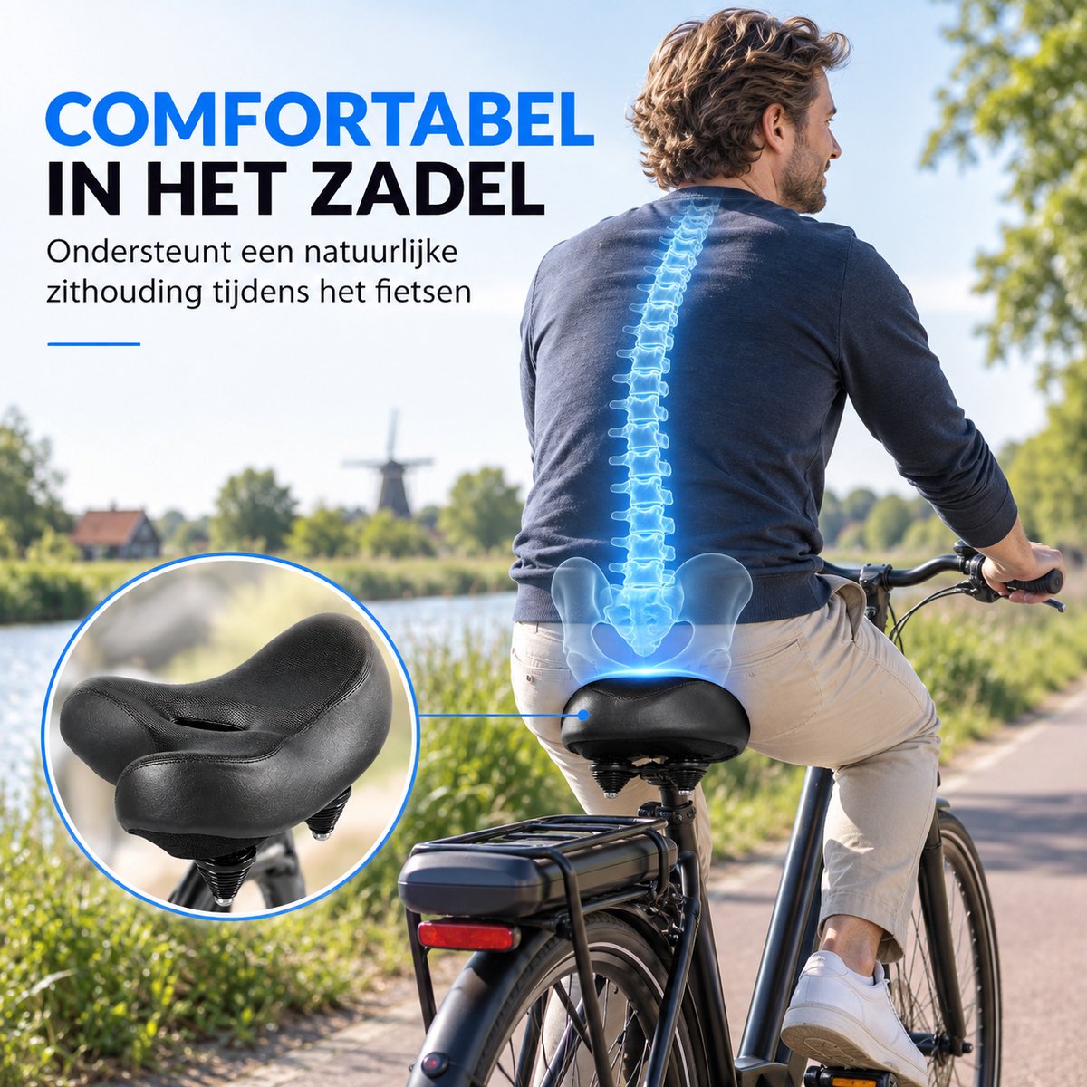 Fietszadel Ergonomisch - Extra Breed Zadel - Comfortzadel - Zacht Fietszadel - Breed en Schokdempend - Voor Dames en Heren - Ademend
