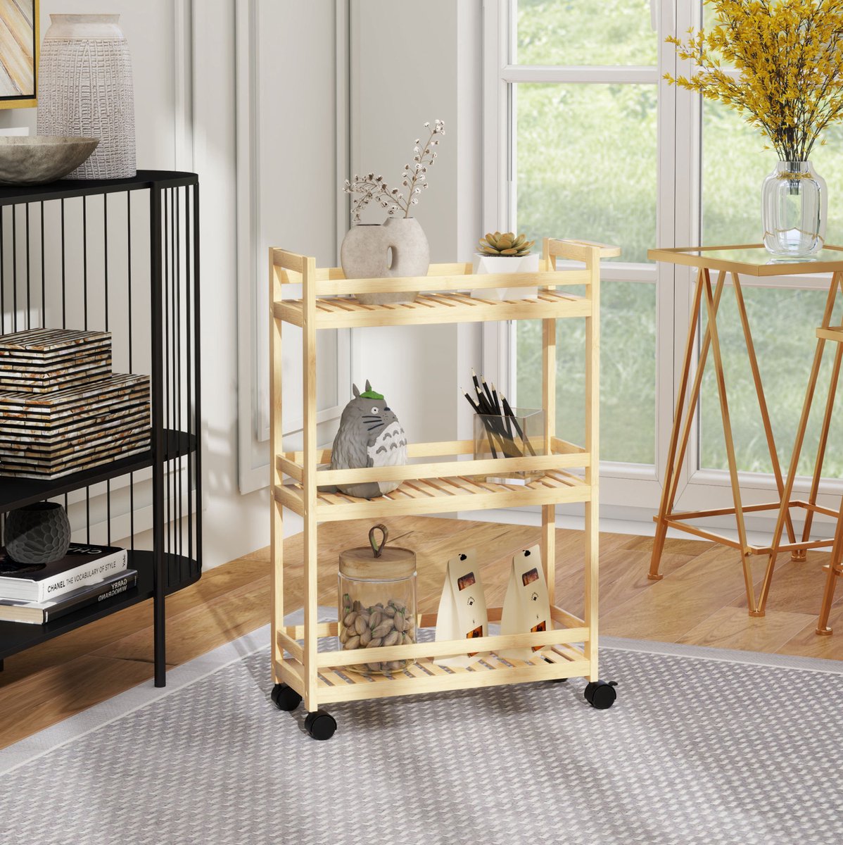 WUVRIE - Bamboe servierwagen 55x20x75 cm - 3 lagen en handgreep - 4 wielen, 2 met rem - Naturel