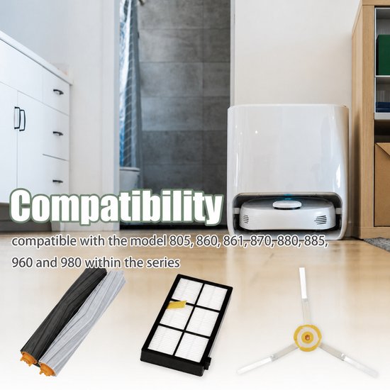 Compatibiliteit met Roomba 805, 860, 861-870, 880, 885, 960, 980. Onderdelen: borstels, filter, zijborstels.