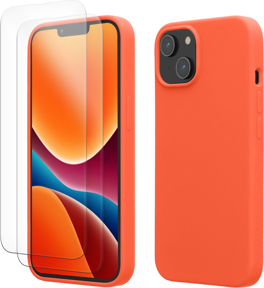 kwmobile hoes met 2x screenprotectors voor Apple iPhone 14 – screenprotector van gehard glas – draadloos opladen – levendig koraal