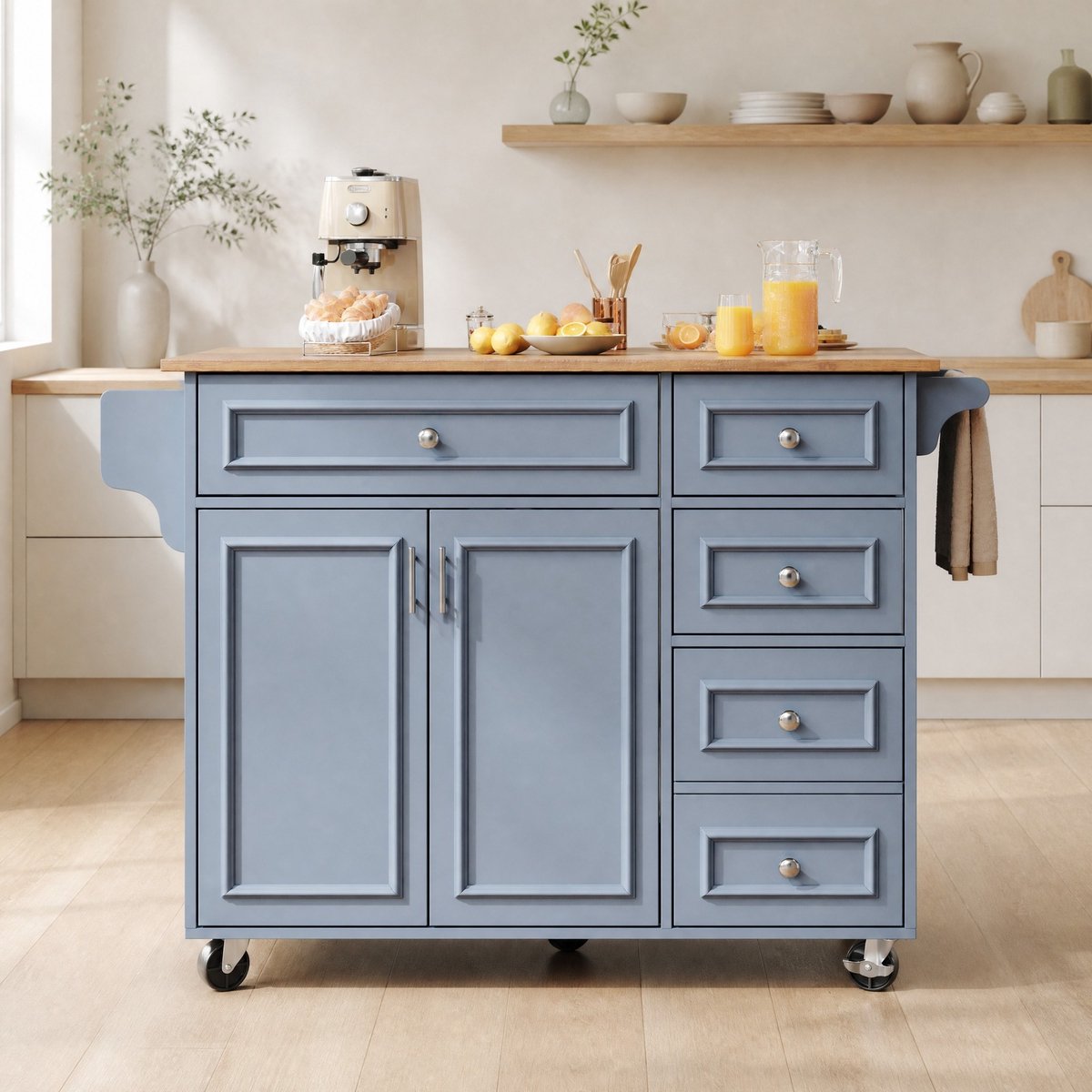 WUVRIE - Keukeneiland 110x45-75x92 cm - Opklapbaar werkblad en op wielen - Babyblauw