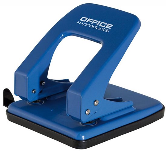 Blauwe perforator van Office Products met ruimte voor 40 vel. Het logo 'OFFICE >>>products' is zichtbaar op de hendel.