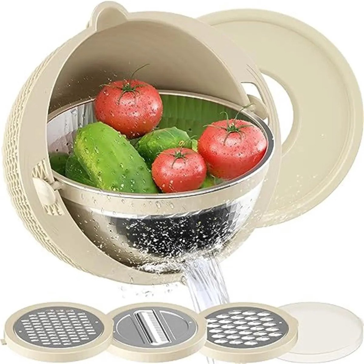 ZOQENX Groente- en fruitmand met deksel, vergiet en rasp, 3,5 QT, crème/wit