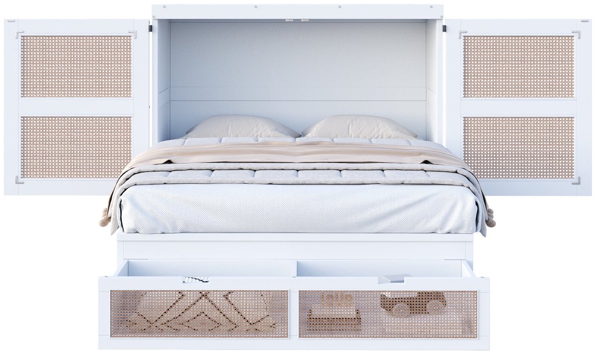 Merax Opklapbed 140x200 cm - Wandbed met Houten Lattenbodem - Bed met Opbergruimte - Rattan Design - Wit