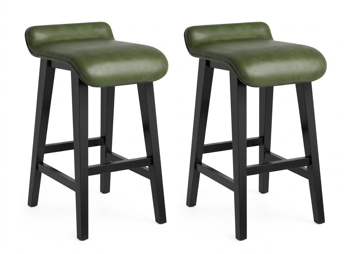 Luxevo Barstoel Set van 2 – Barkruk - 66,5 cm Zithoogte – Kunstleder & Massief Hout – Donkergroen