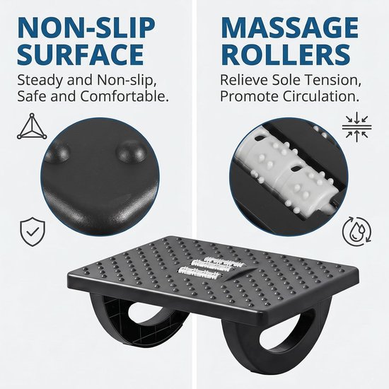 Ergonomische voetsteun voor bureau met massagefunctie, antislip ontwerp, verlichting van benen en rugpijn, ideaal voor kantoor en thuisgebruik (zwart) — afbeelding 2