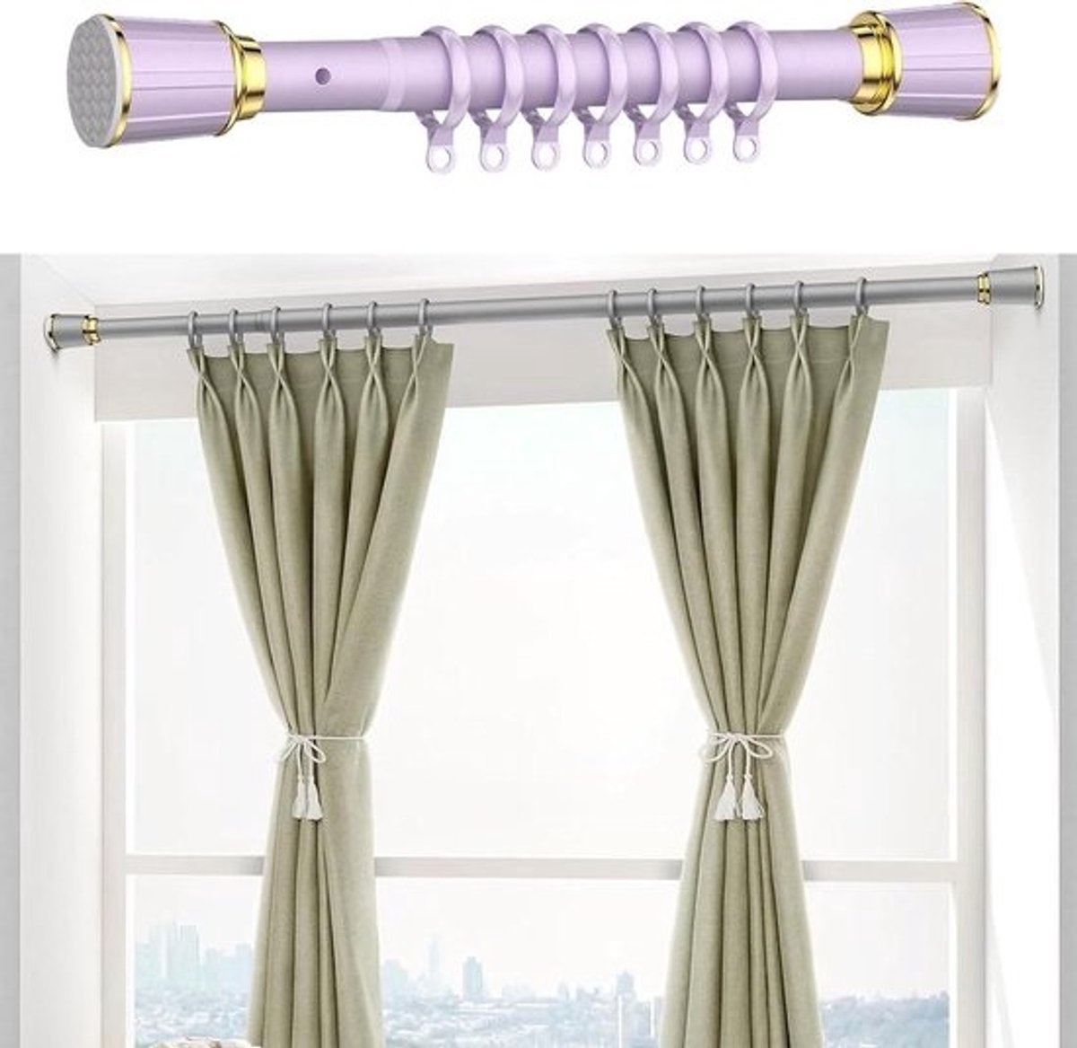 Uittrekbare gordijnroede - Telescoopstang met klem - Ophangen zonder boren - Roestvrij staal - 50-75 cm - Violet