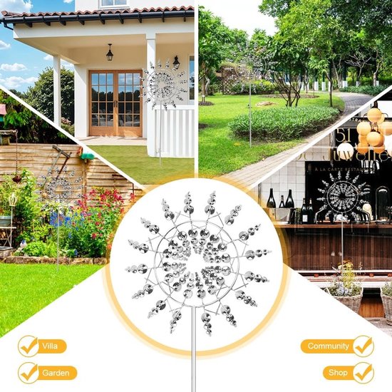 Unieke metalen windmolen met 360° dual rotors, kinetische windspinner en 3D sculptuur voor tuin, patio en gazon (Zilver) — afbeelding 4