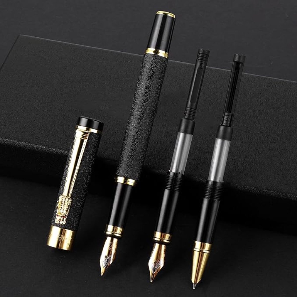 Metalen vulpen set met 3 verwisselbare penpunten (0,38 mm, 0,5 mm, 1,0 mm), zwart met gouden accenten, inclusief inktvullers en geschenkdoos