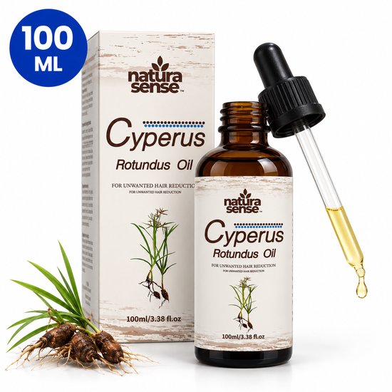 Flesje en doosje Cyperus Rotundus olie met pipet, naast Cyperuswortels. 100 ml.