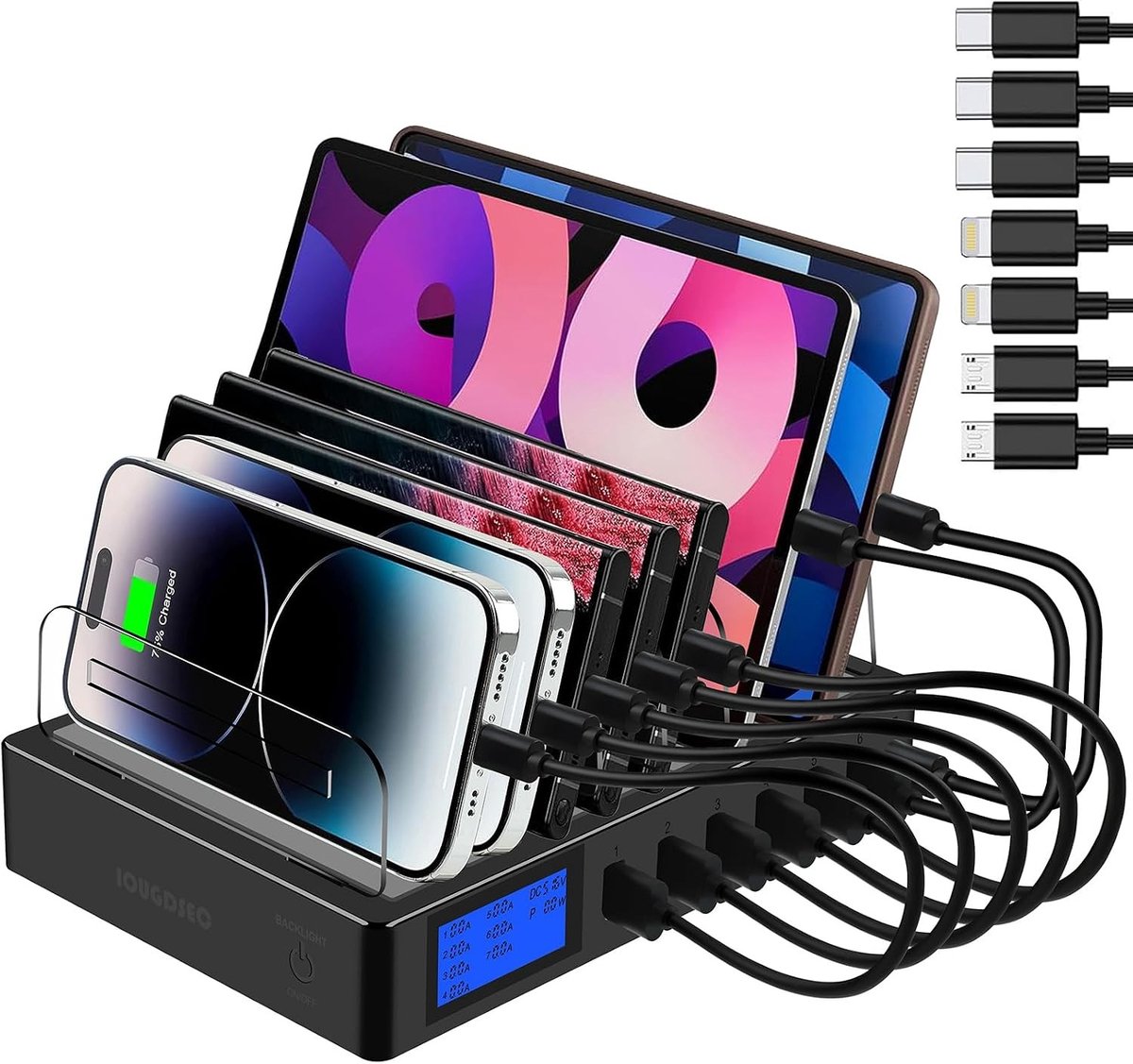 Snelle Oplaadpad met 7 in 1 Multi-Device Oplaadstation, LCD Scherm, Geschikt voor iPhone, iPad, Samsung, Huawei en Meer, PD20W en QC3.0 Technologie