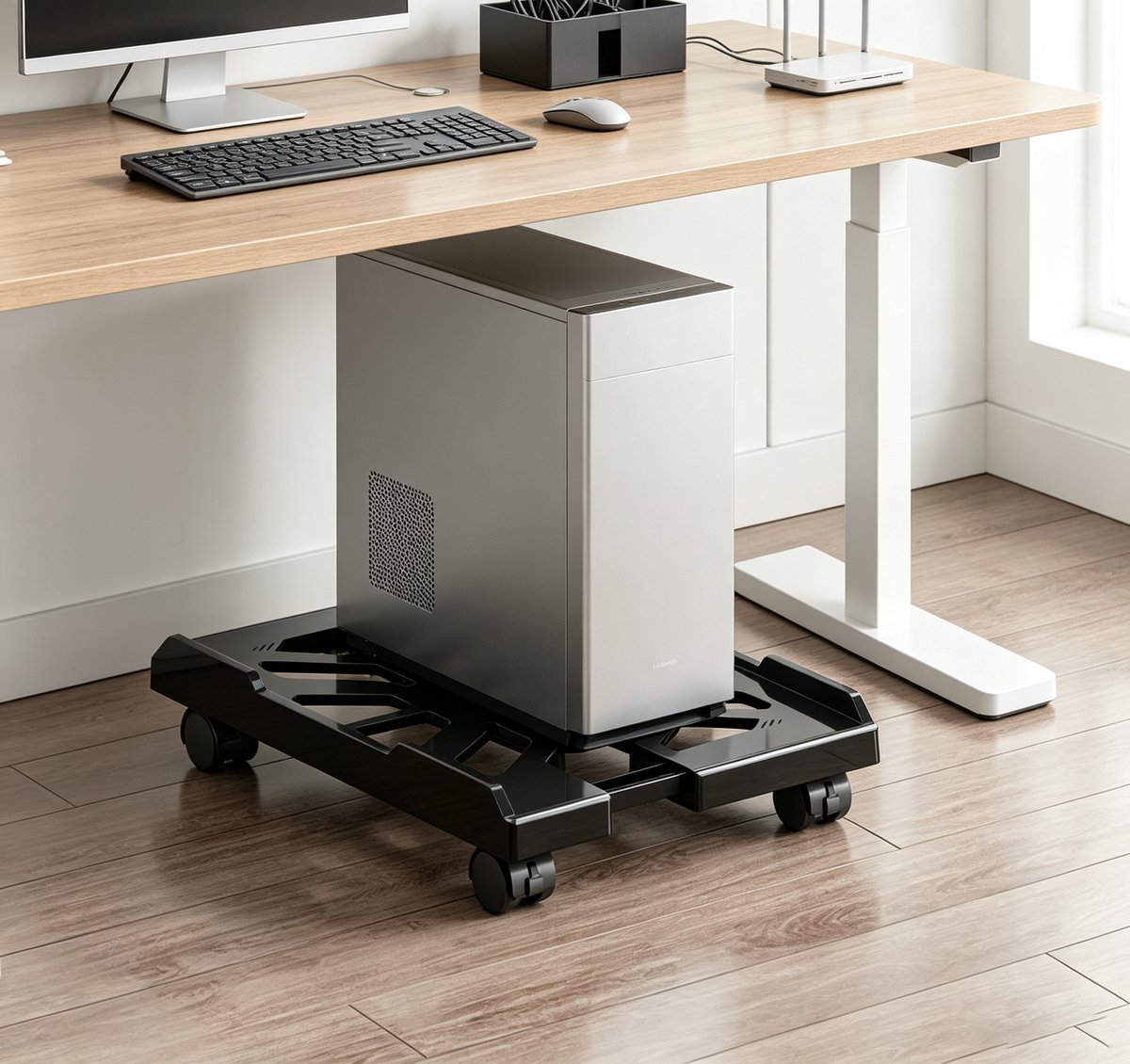 Verstelbare Computerbehuizing Onderstel met Wielen Uitrekbaar Chassis Stand Zwart43*7*22-30