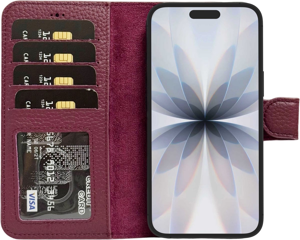 Lykke geschikt voor iPhone 17 Leren Wallet Hoesje – Echt Leer – Magnetisch Afneembaar – MagSafe Compatibel – Pasjeshouder –Burgundy