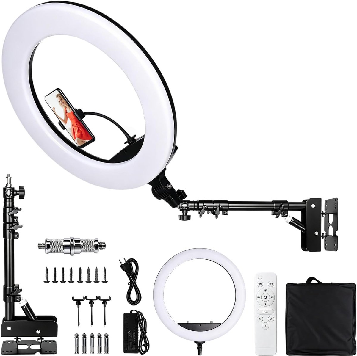 Ringlichtset 22 inch - verstelbare arm met afstandsbediening - wandhouder en telefoonhouder - ShopVlot