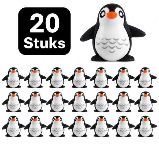 20 stuks miniatuur pinguïns, zwart met witte buik en grijze patronen.
