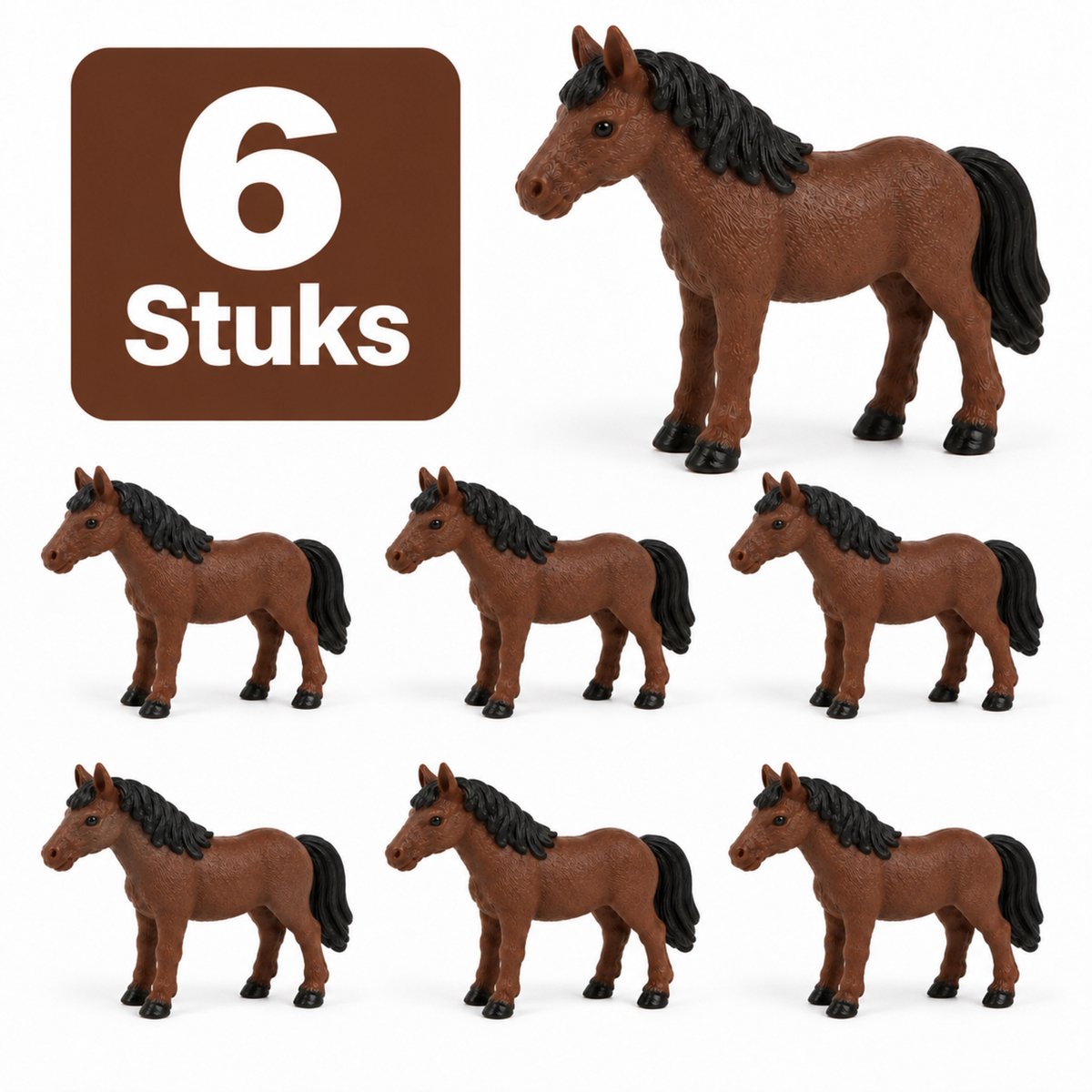 Pradeo - Miniatuur Paarden - 6 Stuks - Boerderij Dieren - Mini - Beeldjes - Hars - Bruin - Decoratie - Landschap - DIY